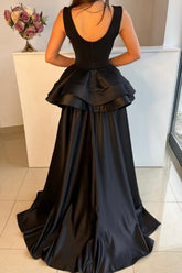 Elegant Long Black Evening Dresses Simple Drom Dresses With Detachable Train